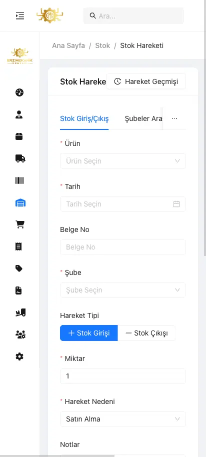 Stok yönetimi ekranı