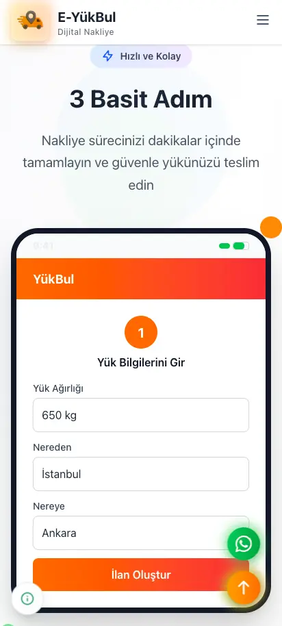 E-YükBul kullanıcı akışı ekranı